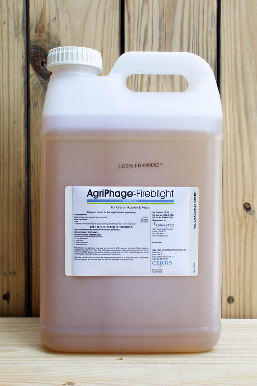 A large white plastic jug of AgriPhage Fireblight bactericide with a white cap, standing on a light wood surface against a darker wood plank background. The jug contains a light brown liquid and features a white label with blue and black text.