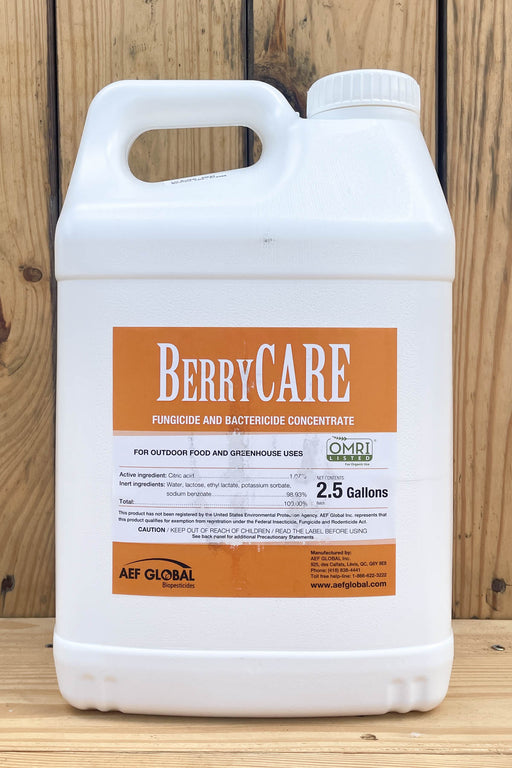 A 2.5 gallon white plastic jug of AEF Global BerryCare Fungicide and Bactericide Concentrate, featuring an orange and white label, set against a rustic wooden plank background.