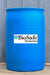 A large blue plastic barrel with a white BioSafe Systems logo label on the front, standing on a wooden surface against a gray paneled wall.