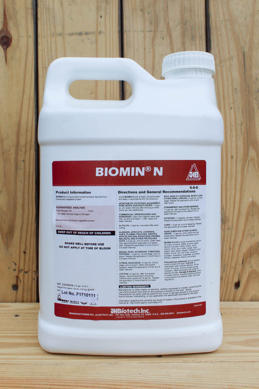 A white plastic jug of BIOMIN N, set against a rustic wooden plank background.