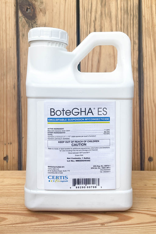 A white plastic bottle of BoteGHA ES with a handle, standing on a light-colored wooden surface. The label features blue and black text, including a Certis logo at the bottom.
