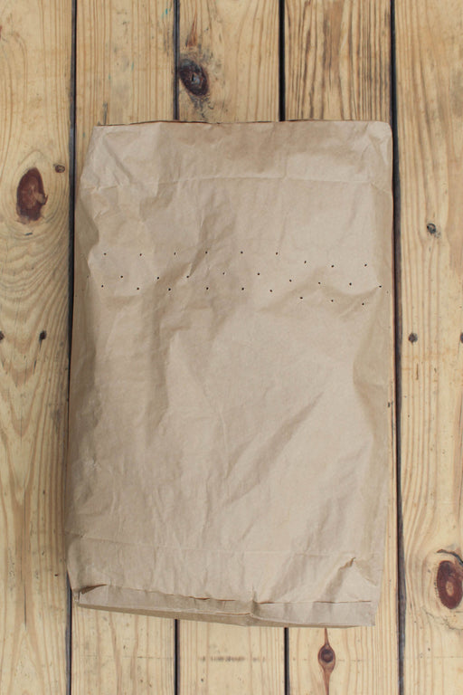 A plain brown kraft paper bag with a perforated holes near the top, placed on a light wood plank surface.
