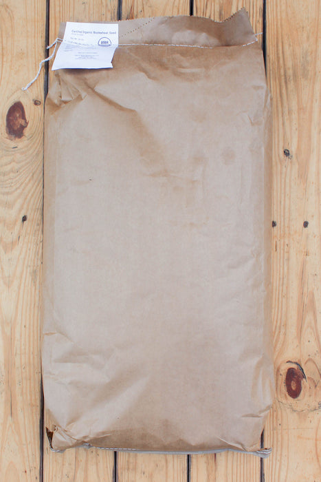 A brown kraft paper bag with a white paper tag attached, placed on a light wood plank surface.
