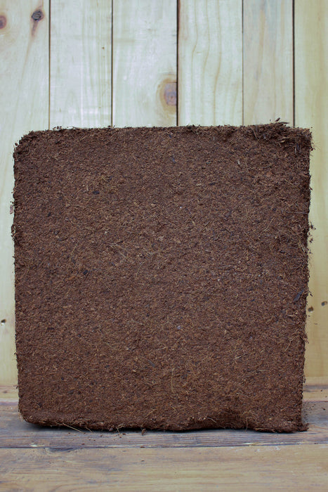 A rectangular brown coconut coir fiber block with rough, fibrous texture, standing upright on a wooden surface against a light wood plank background.