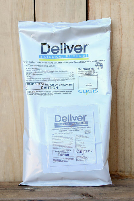 A 1 lb bag of Deliver Biological Insecticide by Certis, standing upright against a light wood background.