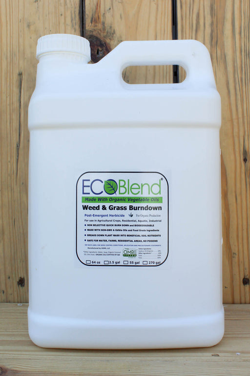 A white plastic jug of ECO Blend Weed & Grass Burndown herbicide standing against a rustic wooden plank background.