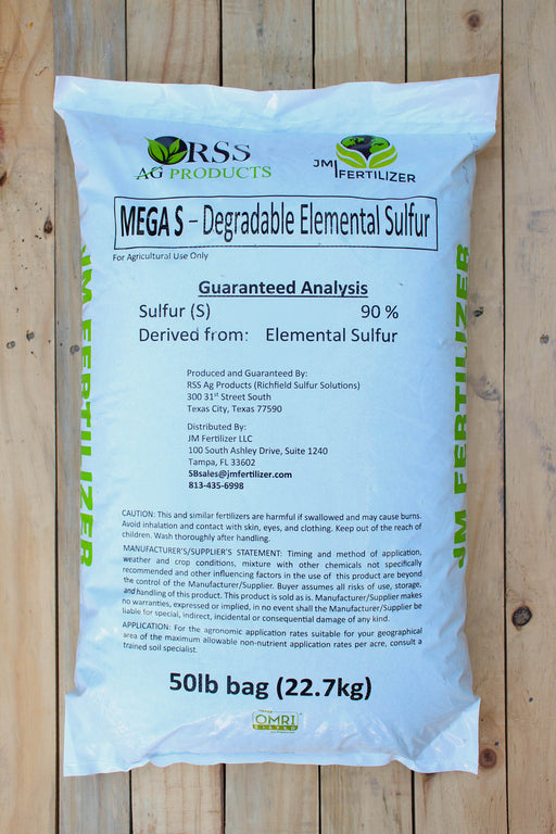 A 50lb bag of ORSS Ag Products MEGA-S Degradable Elemental Sulfur fertilizer, displayed flat on a light-colored wooden plank surface.