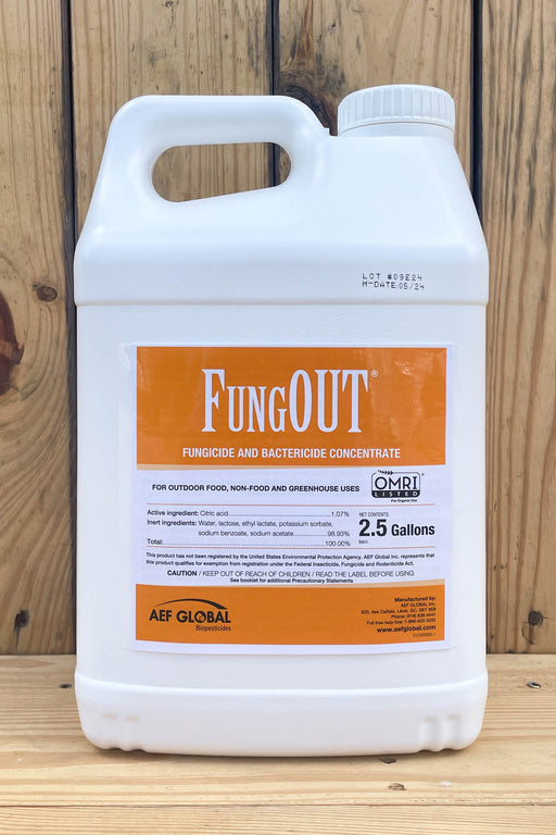 A 2.5 gallon white plastic jug of Fungout Fungicide and Bactericide Concentrate, set against a rustic wooden plank background.