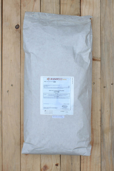 A large white paper bag with a white label reading 'Grandevo WDG' lies on a light-colored wooden plank surface.