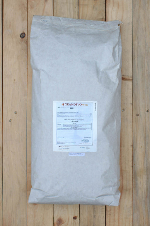 A large white paper bag with a white label reading 'Grandevo WDG' lies on a light-colored wooden plank surface.