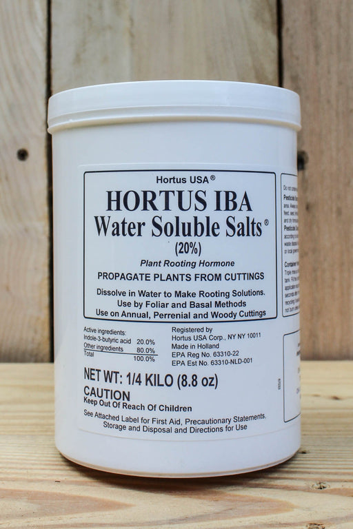 A white plastic tub of Hortus IBA Water Soluble Salts (20%) plant rooting hormone, displayed on a light-colored wooden plank background.