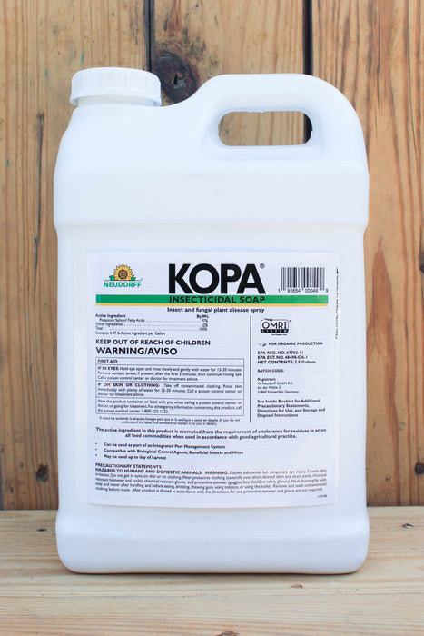 A white plastic jug of Kopa Insectical Soap, set against a rustic wooden plank background.