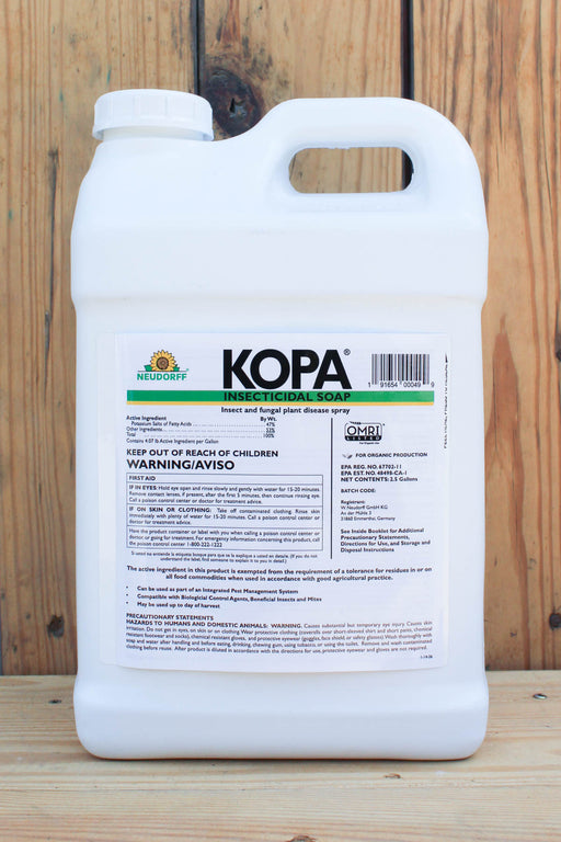 A white plastic jug of Kopa Insectical Soap, set against a rustic wooden plank background.