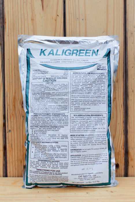 A large silver bag of Kaligreen standing upright against a light wood plank background. The front label is mostly white with teal text and borders, featuring the brand name KALIGREEN prominently at the top.