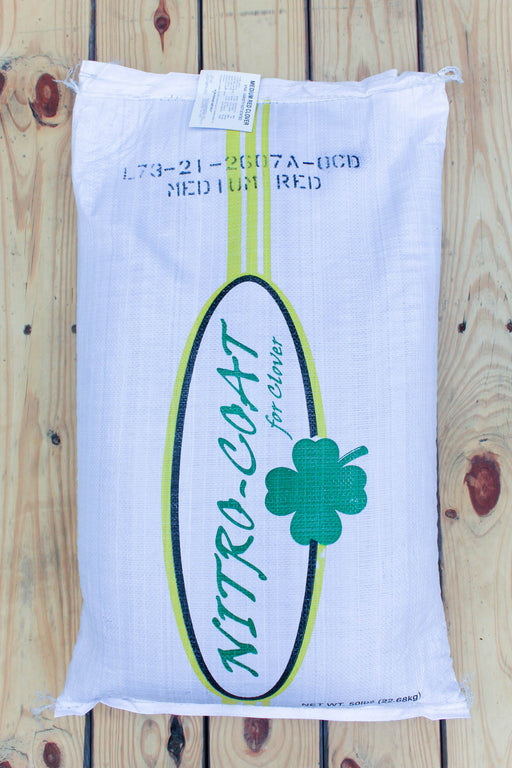 A white bag of Clover Nitro-Coat medium red clover, displayed flat on a light-colored wooden plank surface.