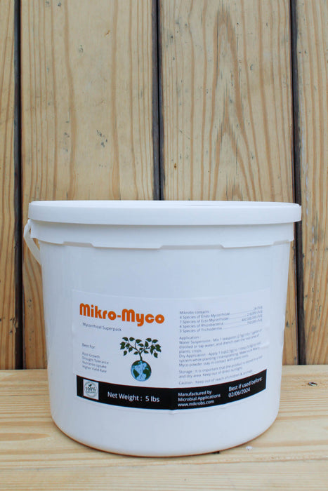 A 5 lbs white plastic bucket of Mikro-Myco, featuring a white label with orange and black text, set against a rustic wooden plank background.