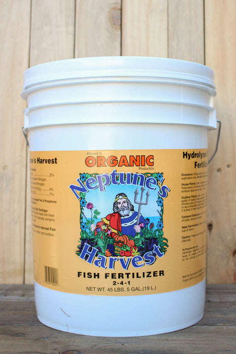 A 5 gallon white plastic bucket of Neptune's Harvest Organic Fish Fertilizer, 2-4-1, featuring a yellow label with a colorful cartoon illustration of Neptune, set against a rustic wooden background.
