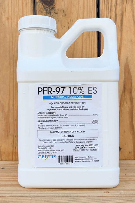 A white plastic jug of PFR-97 10% ES microbial insecticide with a handle, standing on a light wood surface.