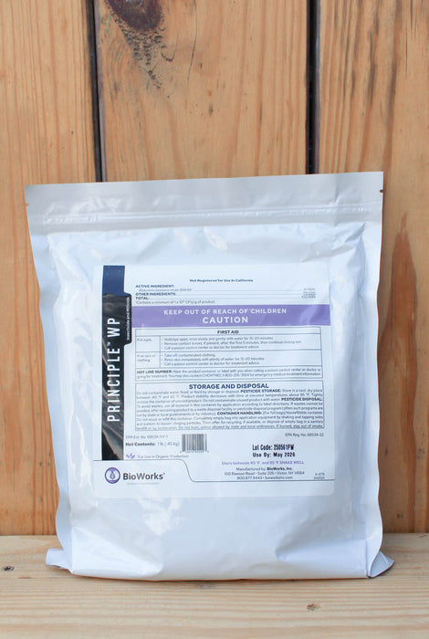 A white resealable stand-up pouch of BioWorks Principle WP standing upright against a light wood plank background.