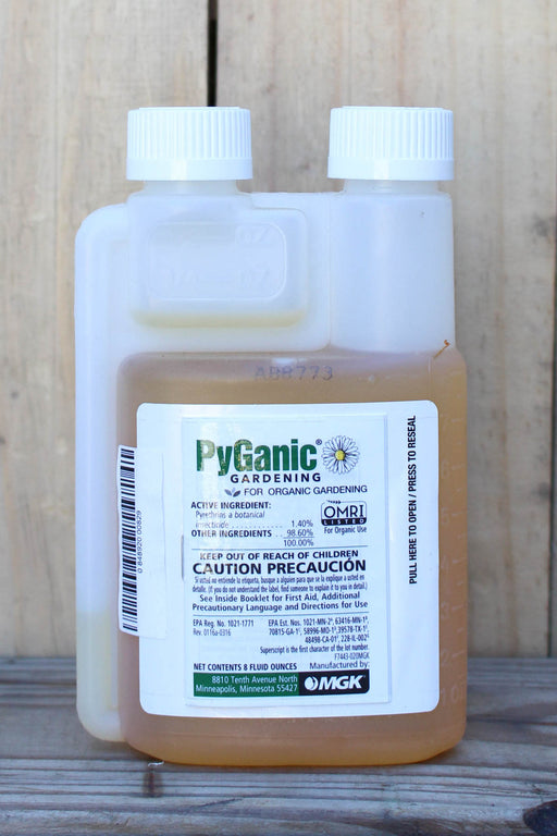A bottle of PyGanic Gardening with a white cap and a white label, showing the amber-colored liquid inside, set against a rustic wooden background.