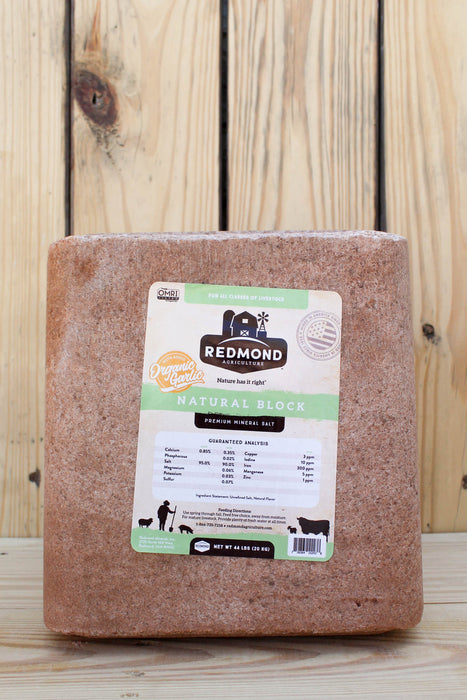 A large rectangular Redmond Natural Block  of salt with garlic, with a white and green label, set against a rustic light wood plank background.