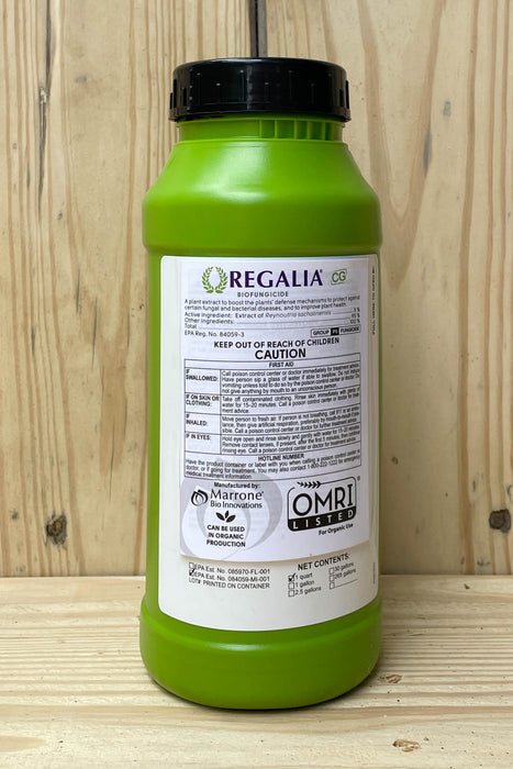 A green plastic bottle of Regalia CG biofungicide, shown from the back with a white label, set against a light wood plank background.