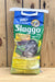 A bag of Sluggo slug and snail control treatment, featuring a blue and yellow design with illustrations of a snail and slug, standing on a wooden surface against a wooden plank background.