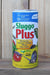 A canister of Sluggo Plus slug and snail pellets, featuring a blue, red, and yellow label, set against a rustic wooden background.