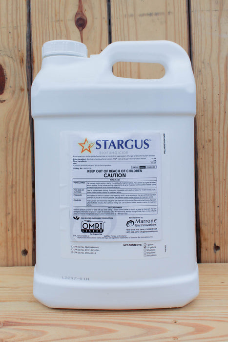 A large white plastic jug of Stargus biofungicide with a handle, standing on a wooden surface against a wooden plank background.