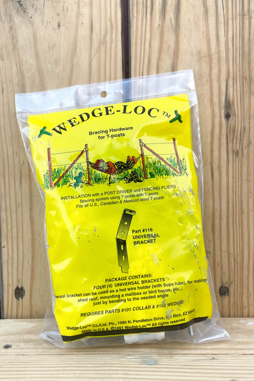 Wedge-loc #116 Universal Bracket in its original yellow and white plastic packaging, displayed on a light wood background.