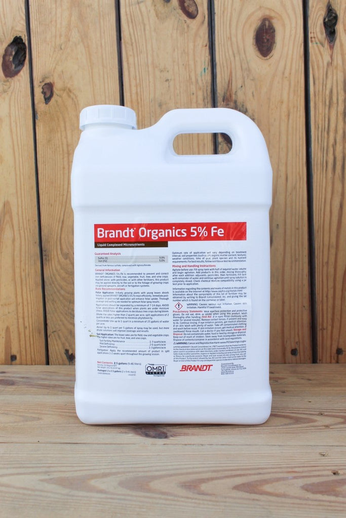 the label on a bottle of organic liquid fertilizer Brandt Organics 5% Iron