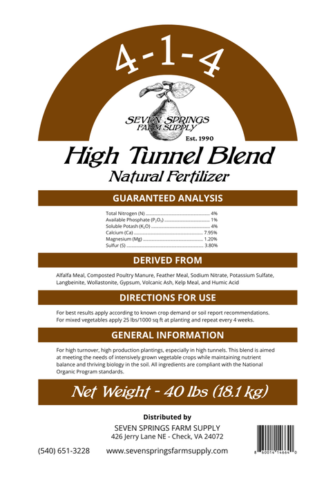 Seven Springs High Tunnel Blend Natural Fertilizer (4 - 1 - 4) - 40 lbs - Seven Springs Farm Supply