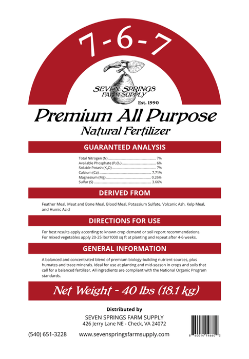 Seven Springs Premium All Purpose Natural Fertilizer (7 - 6 - 7) - 40 lbs - Seven Springs Farm Supply