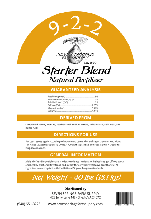 Seven Springs Starter Blend Natural Fertilizer (9 - 2 - 2) - 40 lbs - Seven Springs Farm Supply