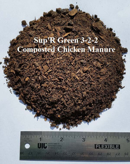 Sup'R Green (3 - 2 - 2) Composted Chicken Manure - 80 x 25 lb Bags - Seven Springs Farm Supply