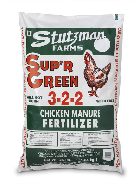 Sup'R Green (3 - 2 - 2) Composted Chicken Manure - 80 x 25 lb Bags - Seven Springs Farm Supply