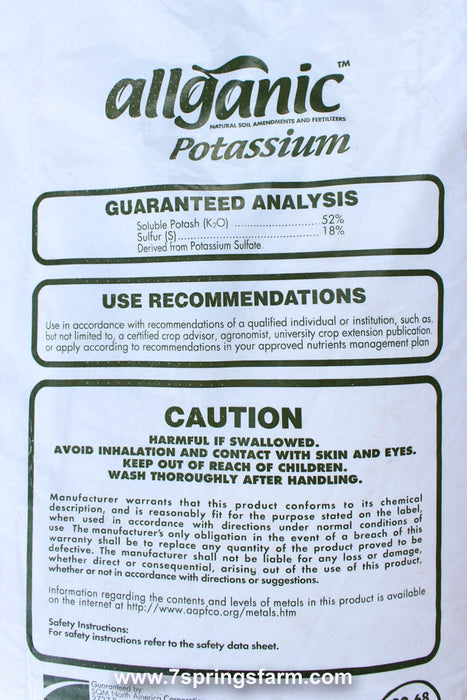 Allganic Soluble Potassium Sulfate SOP (0-0-52+S18%) - 50 lb Bag