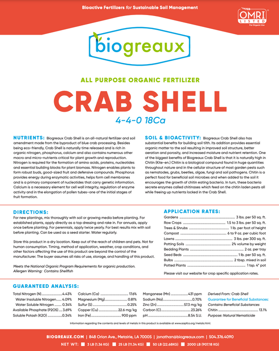 Crab Shell 4-4-0 +18% Ca - 40 lb Bag