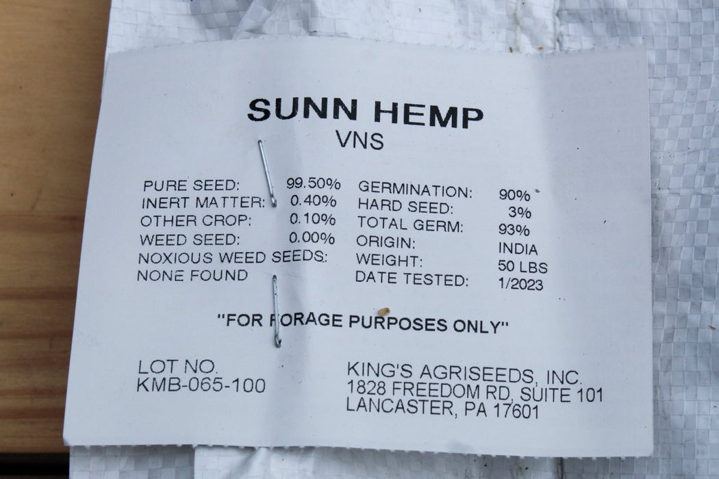 Sunn Hemp - Crotalaria Juncea VNS Cover Crop Seed - 50 lb Bag - Seven Springs Farm Supply