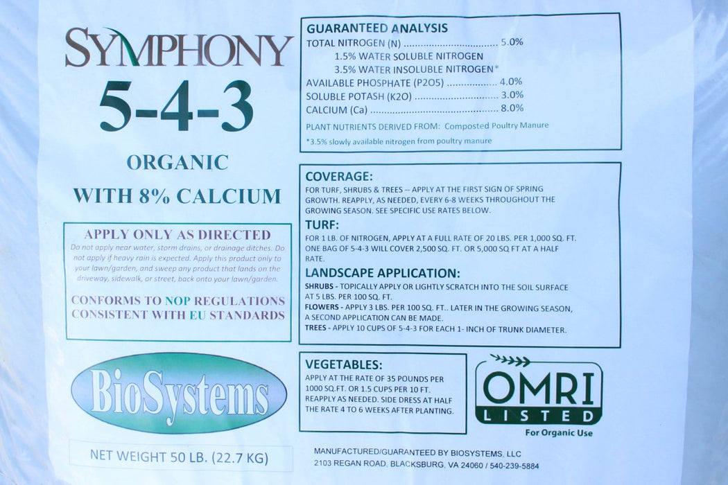Symphony Organic Fertilizer w/ 8% Ca (5 - 4 - 3) - 50 lb Bag - Seven Springs Farm Supply